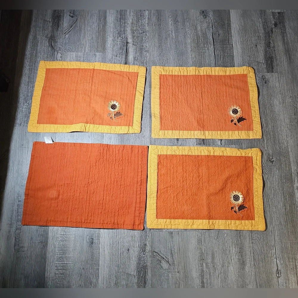 1970s Sunflower Embroidered Orange Cotton Indian Placemats
